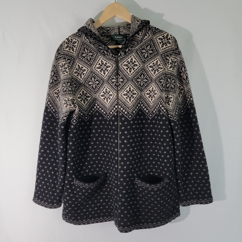 Lauren Ralph Lauren VTG Women Hooded Sweater Sz L 100% Lambswool Gray Aztec Zip